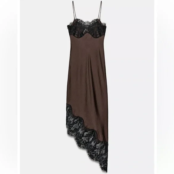 NWT Zara Asymmetric Satin Lace Dress in Black/ Brown Size M - Picture 7 of 16